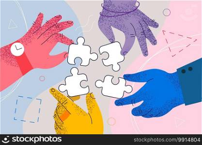 Teamwork, cooperation, business collaboration concept. Hands of business people partners trying to connect puzzle pieces at office as meaning of successful teamwork and common projects illustration. Teamwork, cooperation, business collaboration concept