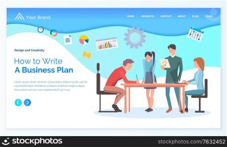 Teamwork cooperation how to write business plan, man and woman working with laptop. Diagram and setting icons, leadership and brainstorming vector. Landing page or app slider, web-page in flat style. How to Write Business Plan, Worker Strategy Vector