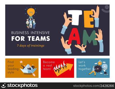 Teamwork cooperation management training for business efficiency and success advertisement colorful horizontal banners set isolated vector illustration . Teamwork Horizontal Banners