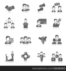 Teamwork corporate organization business strategy black icons set isolated vector illustration