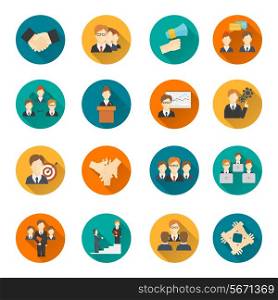 Teamwork corporate organization business strategy flat round button icons set isolated vector illustration