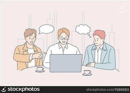 Teamwork, coworking, business, analysis, meeting concept. Team businessmen cartoon characters clerks managers coworkers negotiating working in office. Collective discussion planning and brainstorming.. Teamwork, idea, brainstorming, coworking, business, analysis, meeting, discussion concept