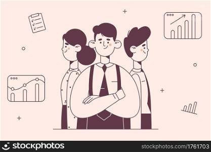 Teamwork, coworking, business development concept. Office workers partners standing back to back as parts of one team with business growth arrows at background vector illustration . Teamwork, coworking, business development concept
