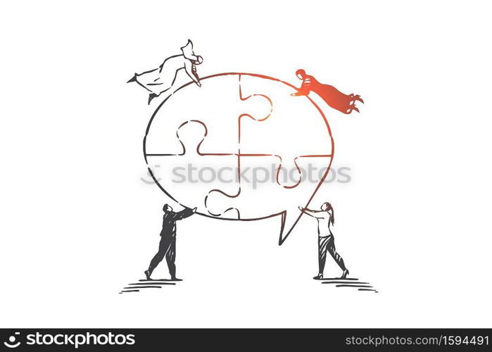 Teamwork, coworking, partnership, success concept sketch. Businessmen European and Arabs standing and flying and fixing together different pieces of big message symbol. Hand drawn isolated vector illustration. Teamwork, coworking, partnership, success concept sketch. Hand drawn isolated vector illustration