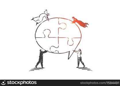 Teamwork, coworking, partnership, success concept sketch. Businessmen European and Arabs standing and flying and fixing together different pieces of big message symbol. Hand drawn isolated vector illustration. Teamwork, coworking, partnership, success concept sketch. Hand drawn isolated vector illustration