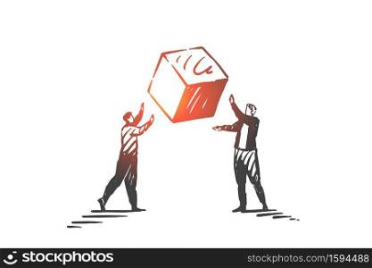 Teamwork, coworking, partnership, success concept sketch. Businessmen standing and flying and trying to catch cube in air. Hand drawn isolated vector illustration. Teamwork, coworking, partnership, success concept sketch. Hand drawn isolated vector illustration