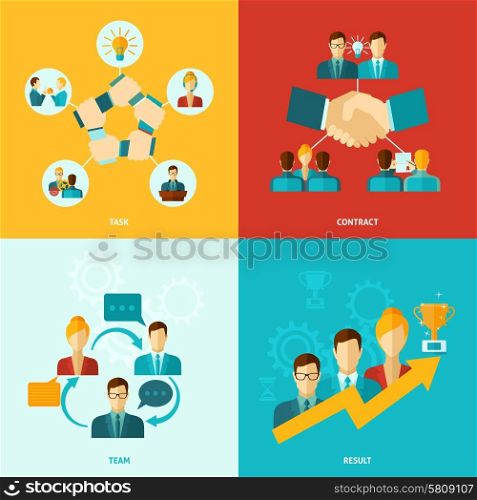 Teamwork design concept set with task contract team results flat icons isolated vector illustration. Teamwork Icons Flat