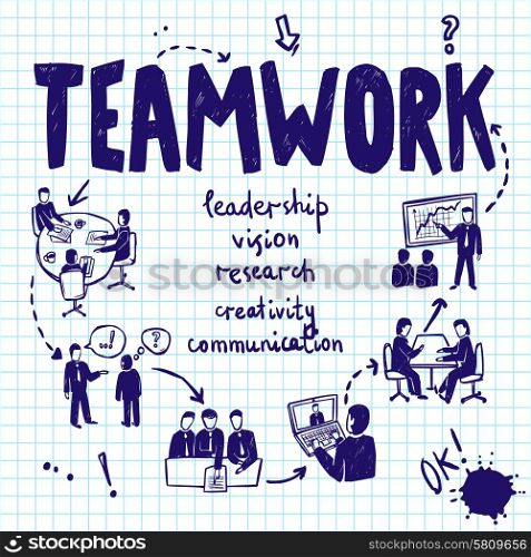 Teamwork design concept with ink drawn business people professional group communication vector illustration. Teamwork Design Concept