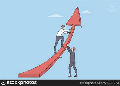 Teamwork, development, collaboration in business concept. Two young businessmen in suits putting huge red arrow up as symbol of success and progress together vector illustration . Teamwork, development, collaboration in business concept