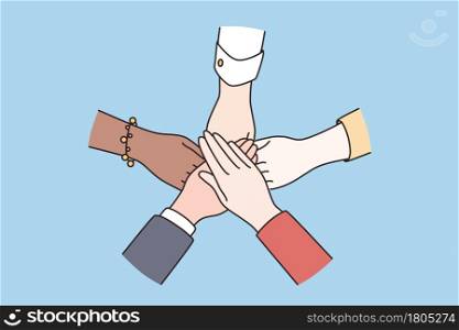 Teamwork, diversity, agreement, partnership concept. Human hands of mixed ethnic group holding together. meaning social community and unity vector illustration . Teamwork, diversity, agreement, partnership concept