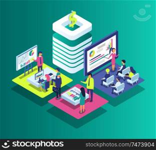 Teamwork dollar currency on pedestal base, people at seminars looking at screens whiteboard. Set of workers and meeting financial conferences vector. Teamwork Dollar Currency Set Vector Illustration