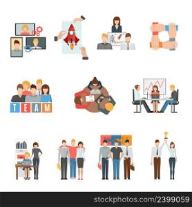 Teamwork effective management as way to success flat icons collection of team members abstract isolated vector illustration. Teamwork flat icons set