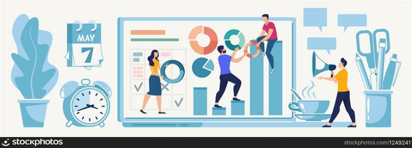 Teamwork for Company Financial Growth, Leadership in Business, Planning Startup Strategy Flat Vector Concept with People Business Team Working Together to Improve Statistics Indicators Illustration