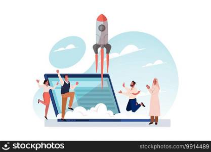 Teamwork, goal achievement, success, business startup launch concept. Team of young happy businesspeople businessmen woman happy about starting business. Successful startup launch from online platform. Teamwork, goal achievement, success, business startup launch concept