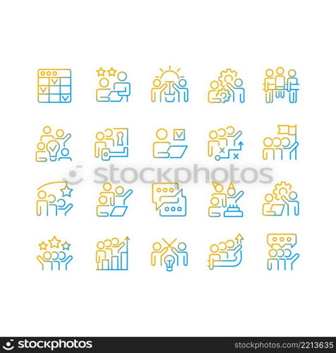 Teamwork gradient linear vector icons set. Cooperation on projects. Collaboration for work goals. Thin line contour symbol designs bundle. Isolated outline illustrations collection. Teamwork gradient linear vector icons set