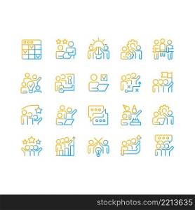 Teamwork gradient linear vector icons set. Cooperation on projects. Collaboration for work goals. Thin line contour symbol designs bundle. Isolated outline illustrations collection. Teamwork gradient linear vector icons set