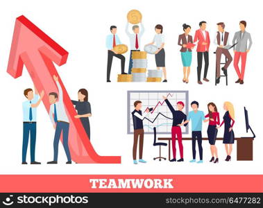 Teamwork Growth and Success Vector Illustration. Teamwork growth and success, icons of workers holding arrow as sing of achievement, and people at meeting presenting plan vector illustration