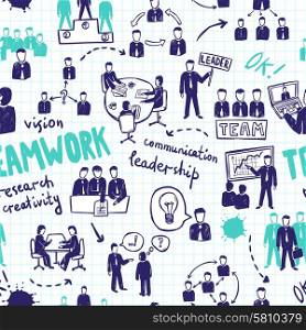 Teamwork hand drawn seamless pattern with business people and resources vector illustration. Teamwork Seamless Pattern