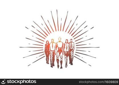 Teamwork, HCI, automation, technology, communication concept. Hand drawn business team with robot concept sketch. Isolated vector illustration.. Teamwork, HCI, automation, technology, communication concept. Hand drawn isolated vecto