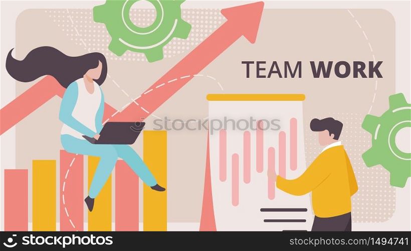 Teamwork Horizontal Banner. Business Woman Sitting on Column Chart with Growing Arrow Working on Laptop, Man Stand at Flip Chart with Data Analysis Graphs and Charts Cartoon Flat Vector Illustration. Teamwork Horizontal Banner. Business People Work