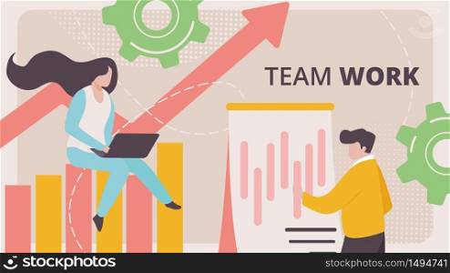 Teamwork Horizontal Banner. Business Woman Sitting on Column Chart with Growing Arrow Working on Laptop, Man Stand at Flip Chart with Data Analysis Graphs and Charts Cartoon Flat Vector Illustration. Teamwork Horizontal Banner. Business People Work