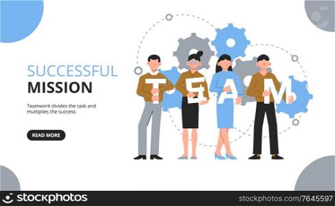 Teamwork horizontal banner with clickable button text and group of coworkers with letters and gear icons vector illustration