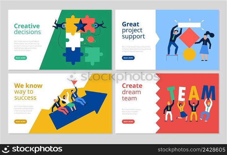 Teamwork horizontal banners set with project support symbols flat isolated vector illustration. Teamwork Banners Set