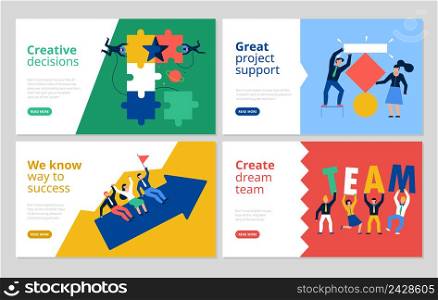 Teamwork horizontal banners set with project support symbols flat isolated vector illustration. Teamwork Banners Set