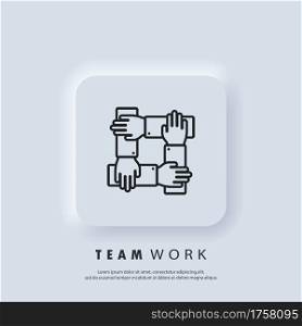 Teamwork icon. Community, business partnership logo. Gour hands holding together for wrist. Vector. Neumorphic UI UX white user interface web button. Neumorphism