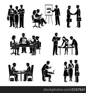 Teamwork icons black set with business people and organized group activity isolated vector illustration