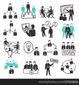 Teamwork icons set with sketch business people discussion organization and partnership scenes isolated vector illustration. Teamwork Icons Set