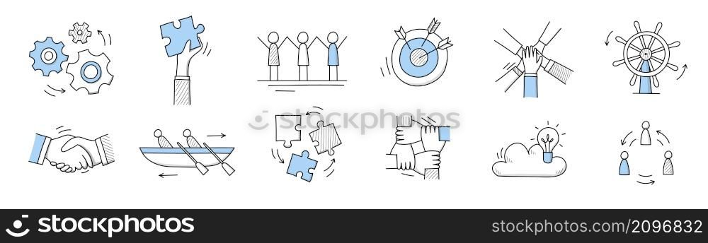Teamwork icons with people work together, business target, puzzle pieces, handshake and steering wheel. Vector doodle set of team, partnership and organization concept. Teamwork icons with people, puzzle, handshake