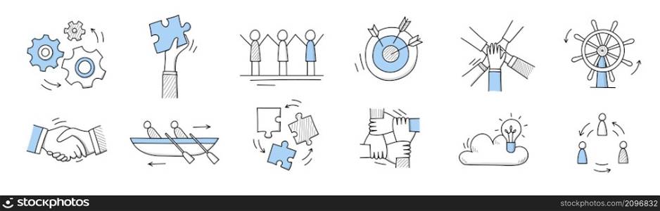Teamwork icons with people work together, business target, puzzle pieces, handshake and steering wheel. Vector doodle set of team, partnership and organization concept. Teamwork icons with people, puzzle, handshake