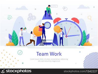 Teamwork in Business Flat Vector Banner Template with Businesspeople Group, Employees Working Together on Startup Launch, Company Strategy Planning, Product Marketing Idea Brainstorming Illustration