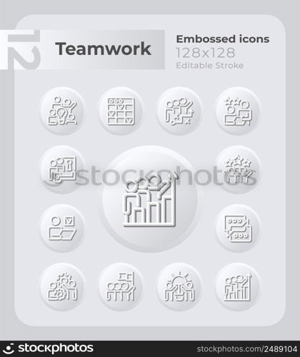 Teamwork in workplace embossed icons set. Team collaboration. Neumorphism effect. Isolated vector illustrations. Minimalist button design collection. Editable stroke. Montserrat Bold, Light fonts used. Teamwork in workplace embossed icons set