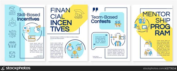 Teamwork incentives blue and yellow brochure template. Booklet print design with linear icons. Vector layouts for presentation, annual reports, ads. Questrial-Regular, Lato-Regular fonts used. Teamwork incentives blue and yellow brochure template