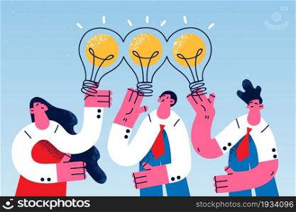 Teamwork, innovative ideas and creativity concept. Group of Young smiling business people coworkers thinking together having great idea on minds with light bulbs above vector illustration . Teamwork, innovative ideas and creativity concept.