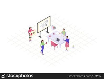 Teamwork isometric color vector illustration. Business presentation 3d concept. Coworking infographic. Annual report. Market research, analysis. Marketing strategy planning. Webpage, mobile app design. Teamwork isometric color vector illustration