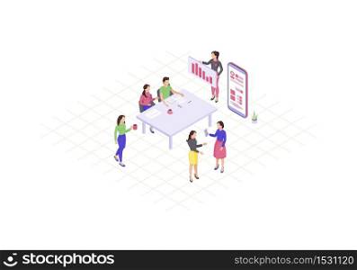 Teamwork isometric color vector illustration. Business presentation. Coworking. Corporate meeting infographic. Annual report 3d concept. Marketing strategy discussion. Webpage, mobile app design. Teamwork isometric color vector illustration