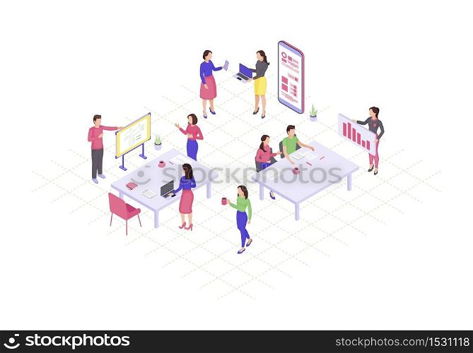 Teamwork isometric color vector illustration. Coworking, collaboration infographic. Marketing research. Project management. Business presentation, conference 3d concept. Webpage, mobile app design. Teamwork isometric color vector illustration