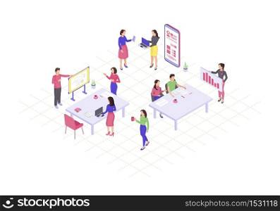 Teamwork isometric color vector illustration. Coworking, collaboration infographic. Marketing research. Project management. Business presentation, conference 3d concept. Webpage, mobile app design. Teamwork isometric color vector illustration