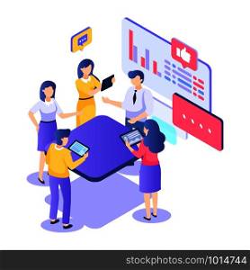 Teamwork isometric concept. Startup creativity business group employees. People work in team goal thinking. Vector illustration meeting professional cooperation young manager. Teamwork isometric concept. Startup creativity business group employees. People in team goal thinking. Vector illustration professional cooperation