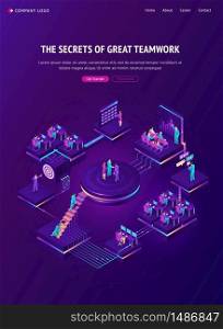 Teamwork isometric landing page. Business team work cooperation, marketing strategy, financial analytic company working in office, people make deal, shaking hands, analyzing data, 3d vector web banner. Teamwork isometric landing, team work strategy