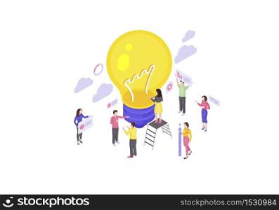Teamwork isometric vector illustration. Business idea generation. Creativity and innovation 3d concept. Problem solving, solution searching. People and lightbulb. Thinking, brainstorm isolated clipart. Teamwork isometric vector illustration