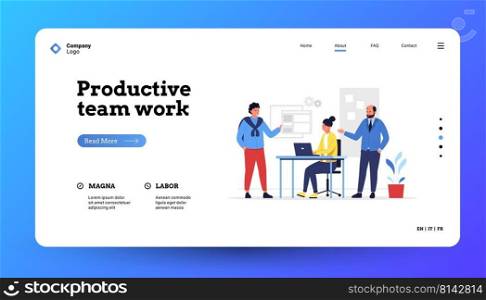 Teamwork landing page. Business team of office characters working together, technology start up and creative work concept. Vector web site template. Coworkers discussing project at workplace. Teamwork landing page. Business team of office characters working together, technology start up and creative work concept. Vector web site template