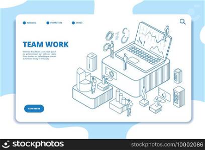 Teamwork landing page. People working with diagrams. Data analysis and professional cooperation. Isometric vector business concept. Illustration business teamwork, isometric 3d web page. Teamwork landing page. People working with diagrams. Data analysis and professional cooperation. Isometric vector business concept