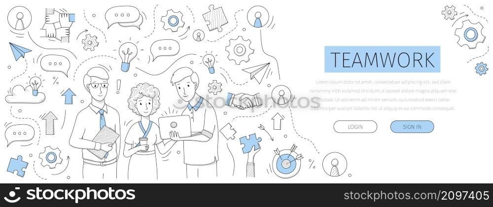 Teamwork landing page with doodle business people team and outline icons. Corporate employees discuss working issues, businessmen with laptop and woman holding coffee cup, Linear vector web banner. Teamwork landing page with doodle business people