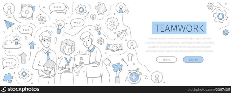 Teamwork landing page with doodle business people team and outline icons. Corporate employees discuss working issues, businessmen with laptop and woman holding coffee cup, Linear vector web banner. Teamwork landing page with doodle business people