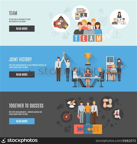 Teamwork management flat interactive horizontal banners . Interactive homepage of business teamwork strategies for achieving great success flat banners set abstract isolated vector illustration