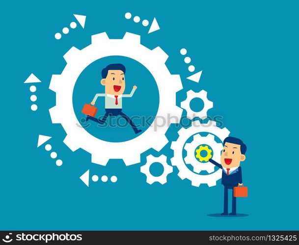 Teamwork. Manager working with employee together. Concept business vector illustration; Flat business cartoon; Team; Leadership; Gears; Mechanism.